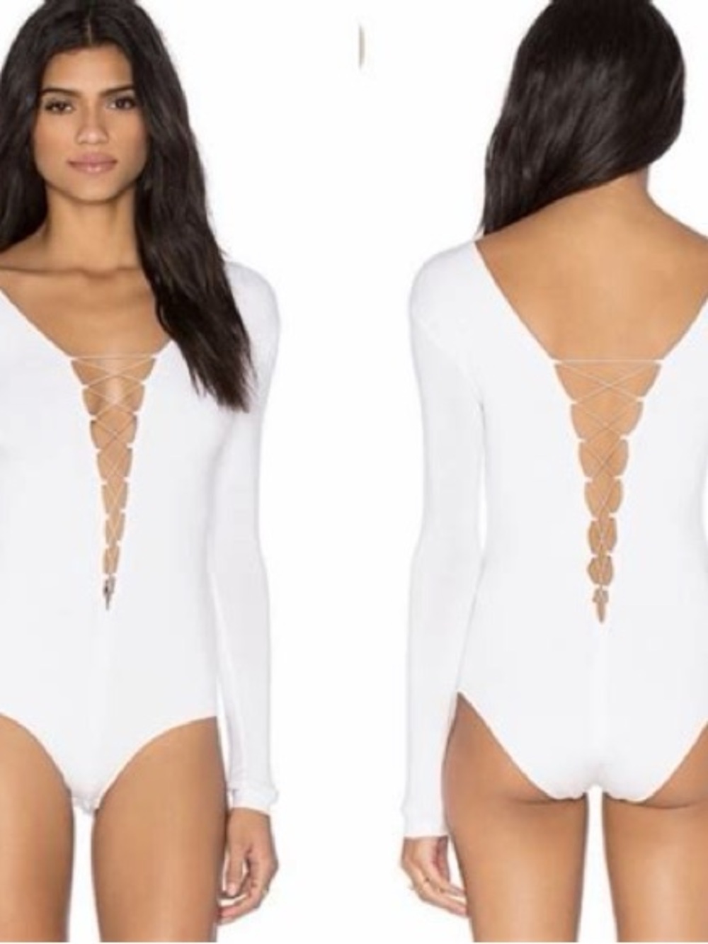 T by Alexander Wang White Lace-Up Deep V Long Sleeve Bodysuit Size M